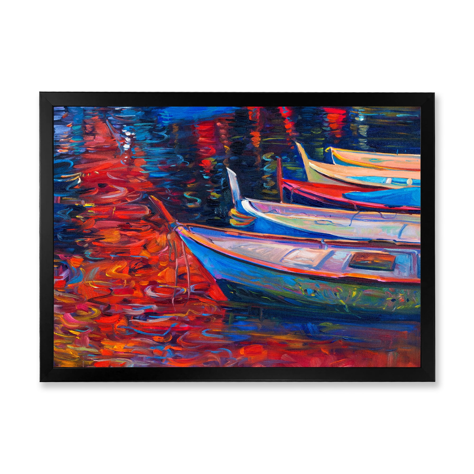 Designart 'Boats During Warm Sunset Resting On The Water IX' Nautical & Coastal Framed Art Print