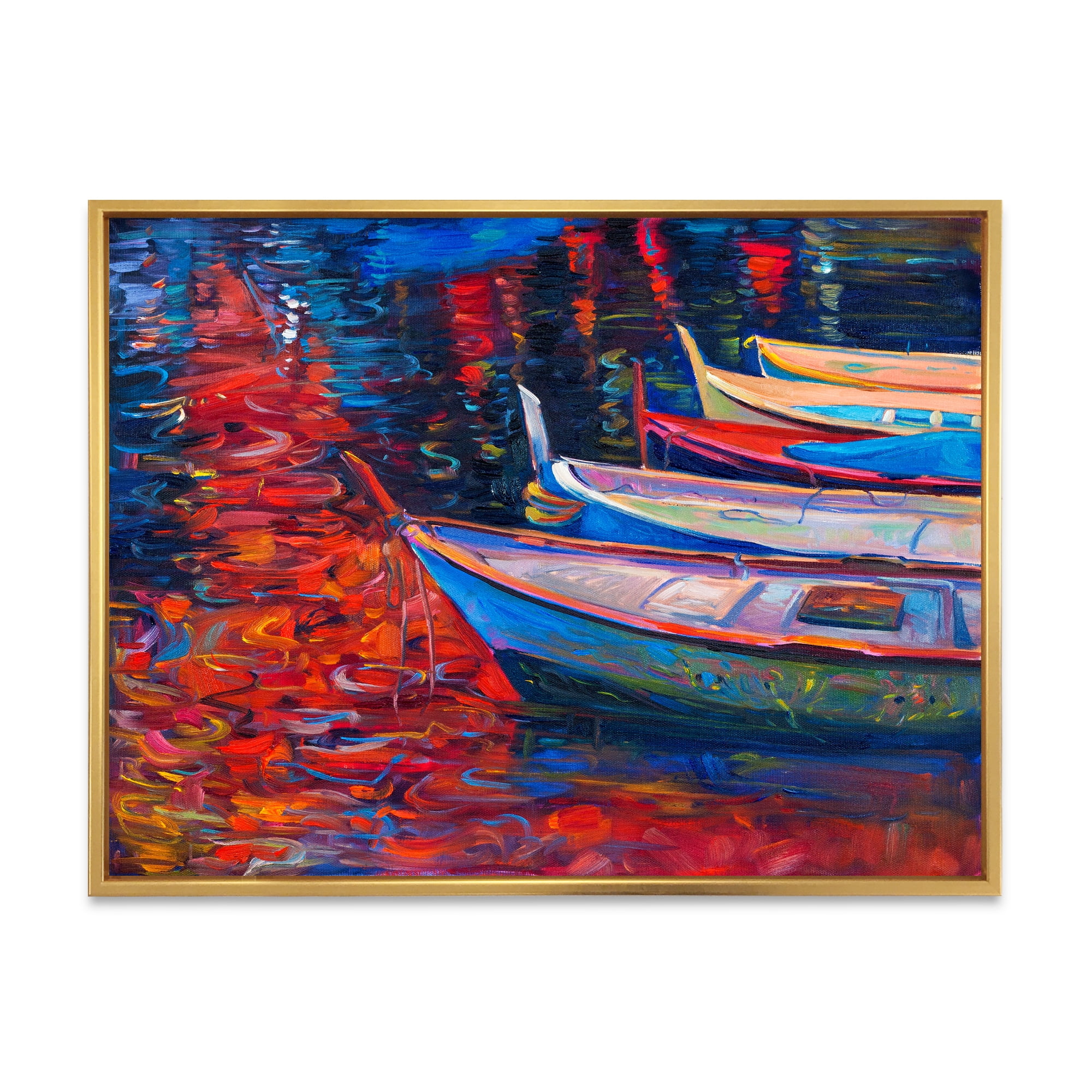 Designart 'Boats During Warm Sunset Resting On The Water IX' Nautical & Coastal Framed Canvas Wall Art Print