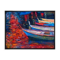 Designart 'Boats During Warm Sunset Resting On The Water IX' Nautical & Coastal Framed Canvas Wall Art Print