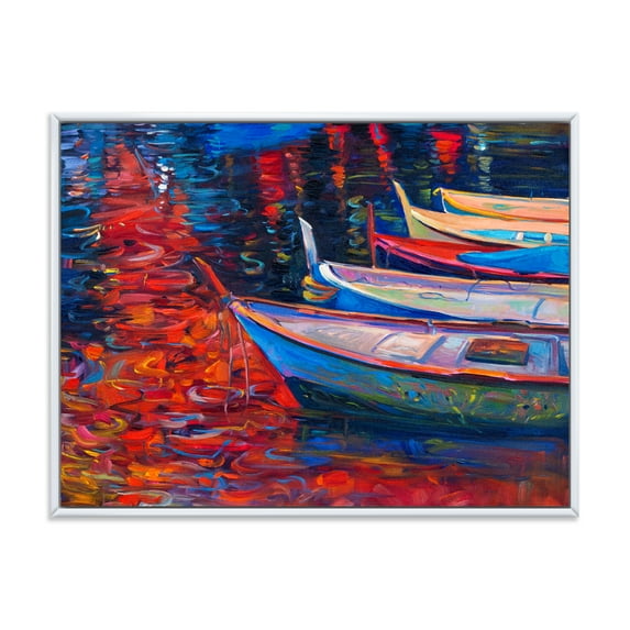 Designart 'Boats During Warm Sunset Resting On The Water IX' Nautical & Coastal Framed Canvas Wall Art Print