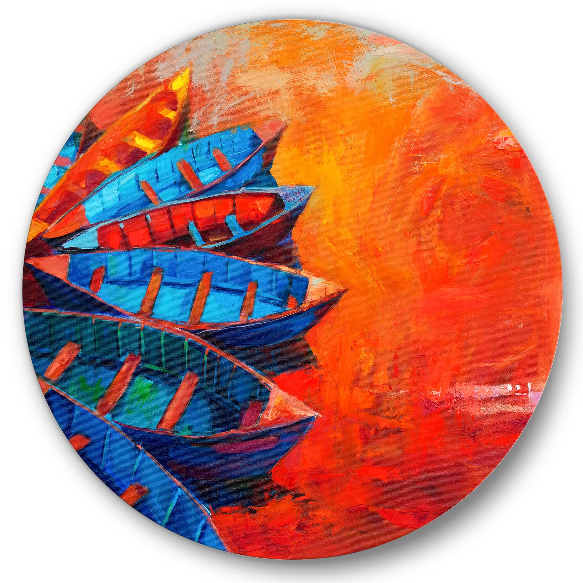 Designart 'Boats During Warm Sunset Resting On The Water V' Nautical & Coastal Circle Metal Wall Art 11x11 - Disc of 11