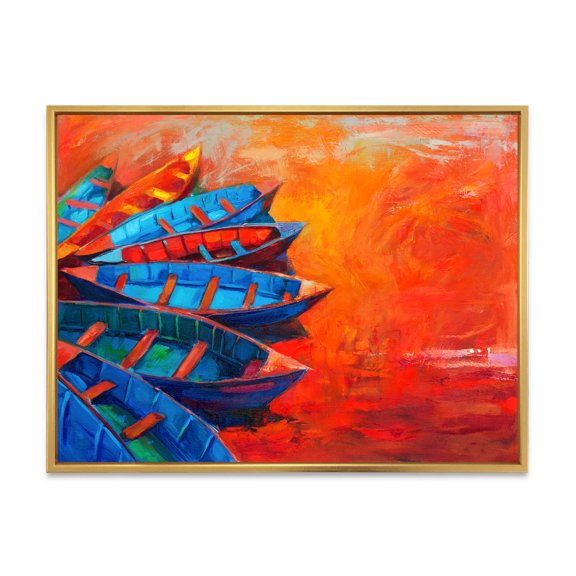 Designart 'Boats During Warm Sunset Resting On The Water V' Nautical & Coastal Framed Canvas Wall Art Print