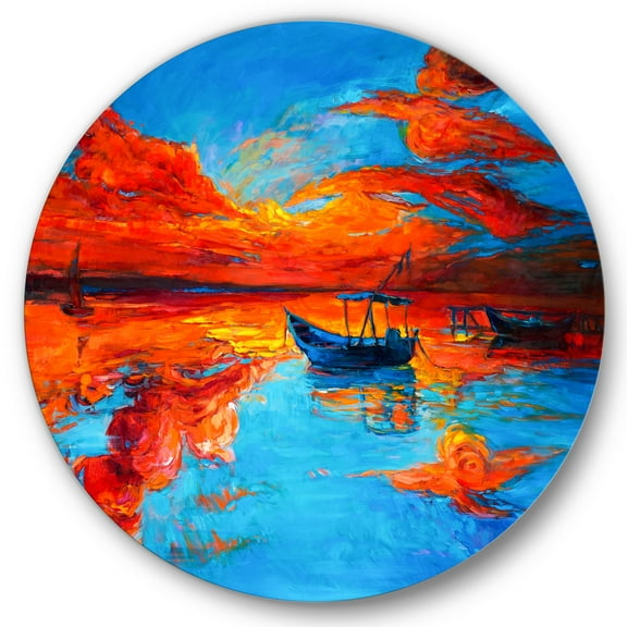 Designart 'Boats During Warm Sunset Resting On The Water VI' Nautical & Coastal Circle Metal Wall Art 29x29 - Disc of 29