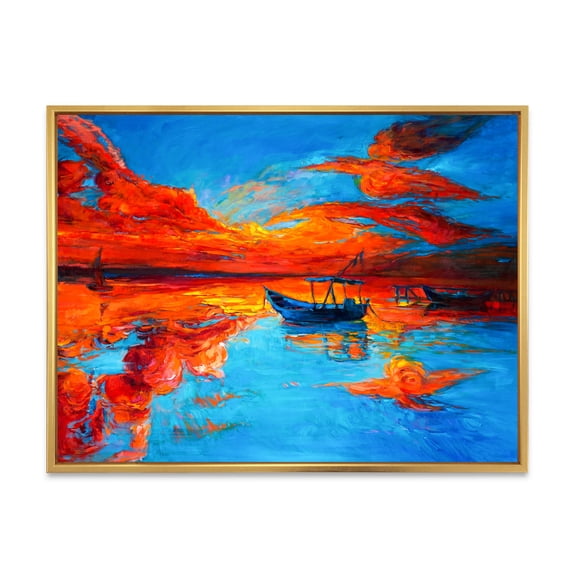 Designart 'Boats During Warm Sunset Resting On The Water VI' Nautical & Coastal Framed Canvas Wall Art Print