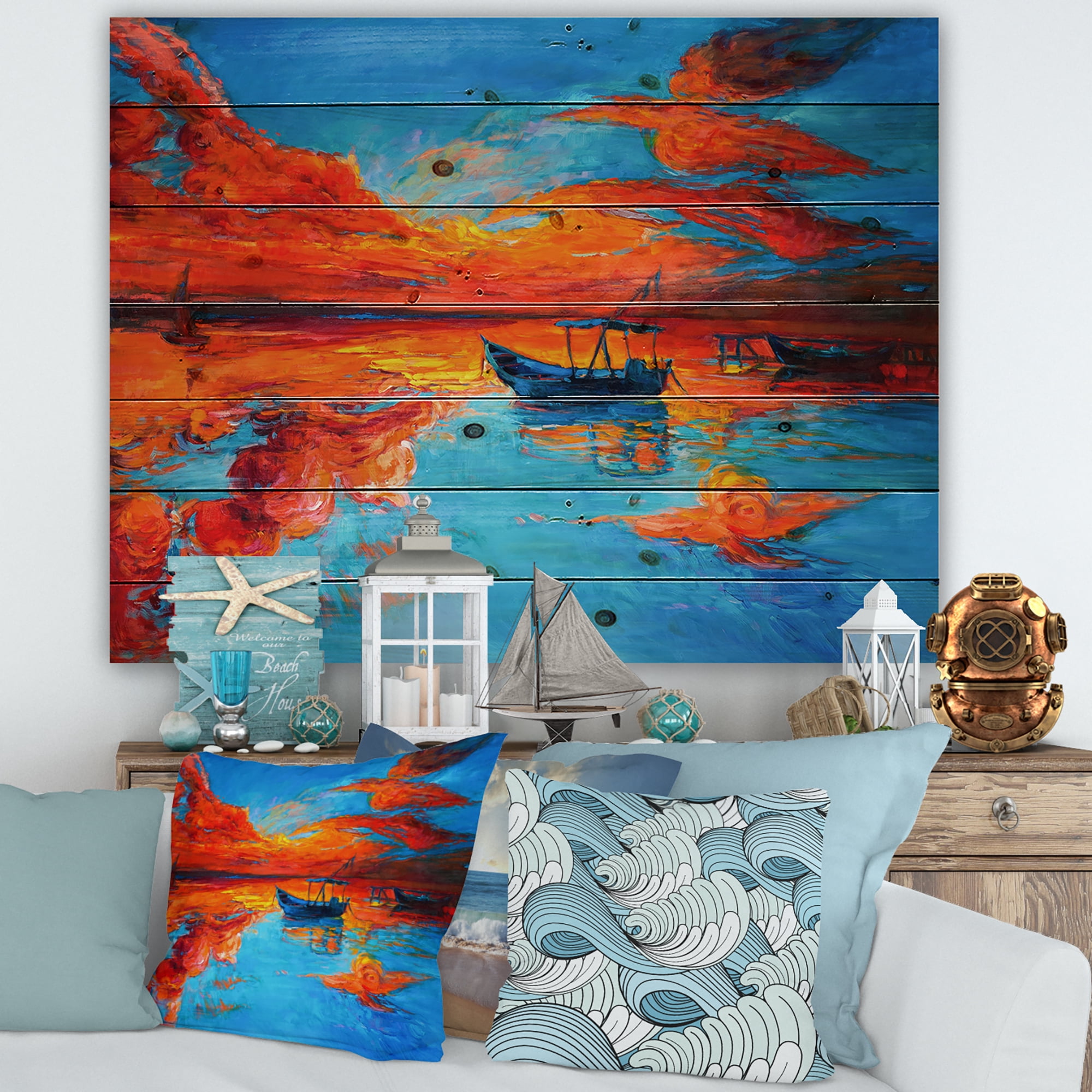 Designart 'Boats During Warm Sunset Resting On The Water VI' Nautical & Coastal Print on Natural Pine Wood
