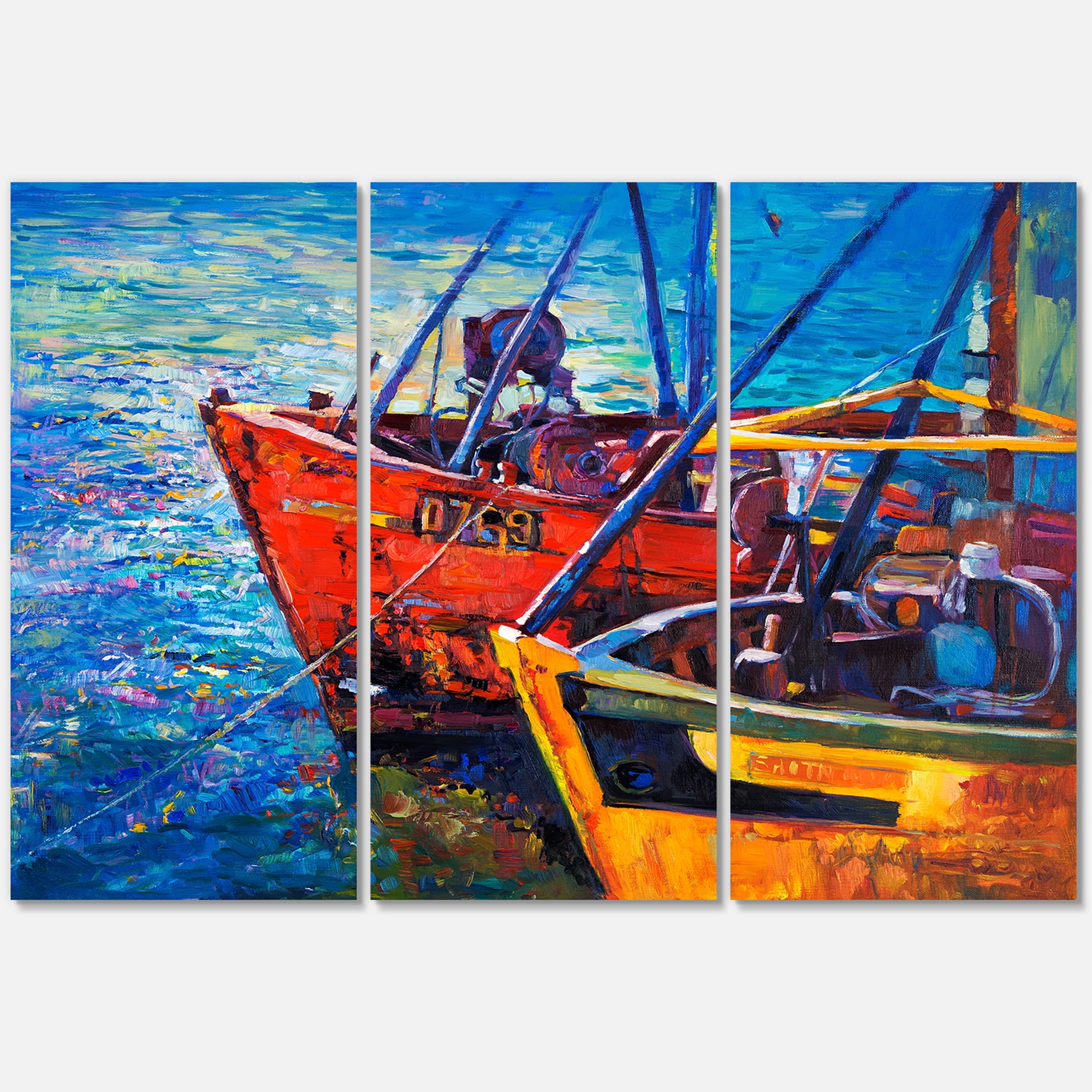 Designart ' Boats During Warm Sunset Resting On The Water VII ' Nautical & Coastal Canvas Wall Art Print