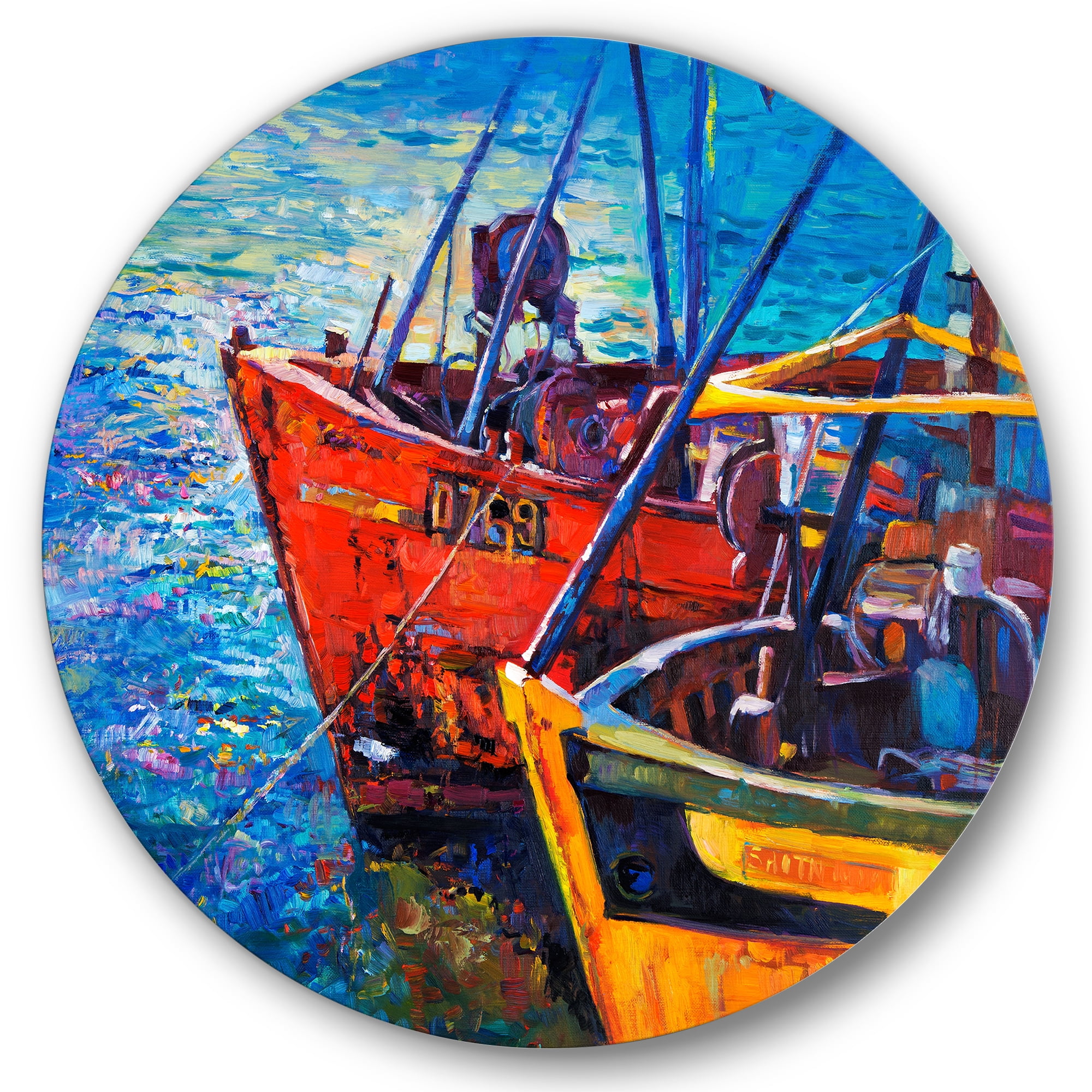 Designart 'Boats During Warm Sunset Resting On The Water VII' Nautical & Coastal Circle Metal Wall Art 36x36 - Disc of 36