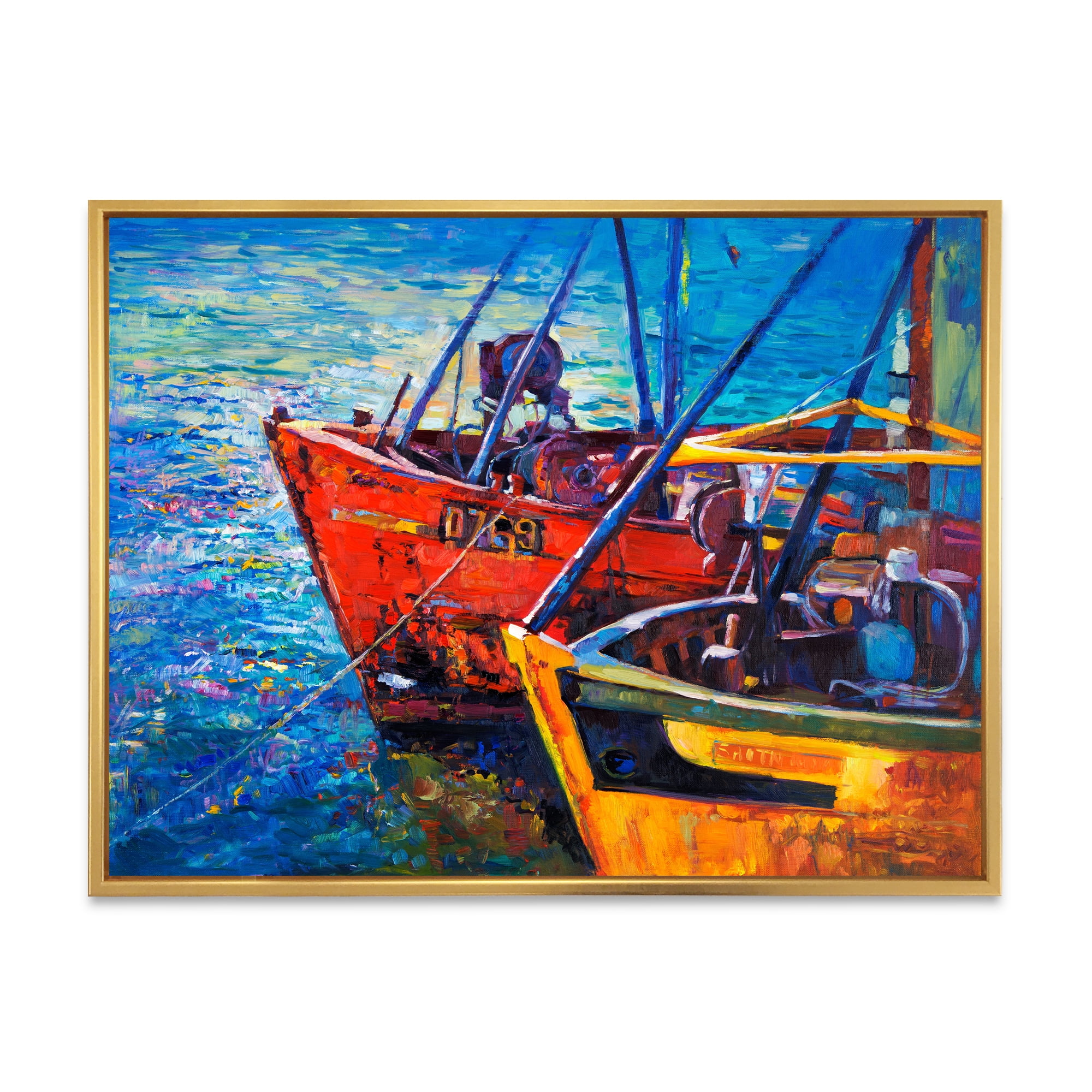 Designart 'Boats During Warm Sunset Resting On The Water VII' Nautical & Coastal Framed Canvas Wall Art Print