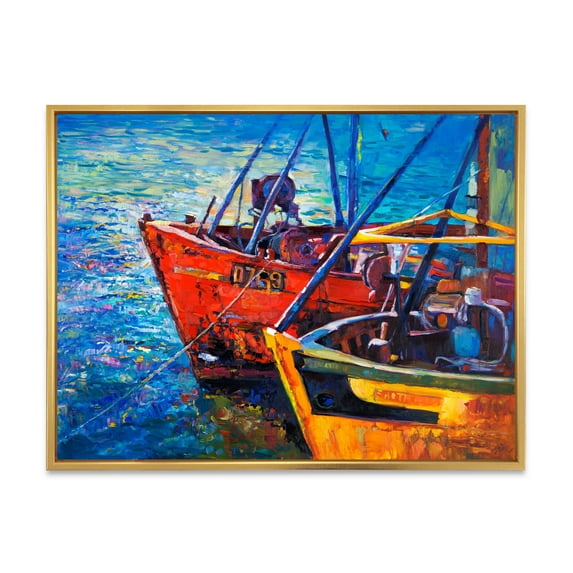 Designart 'Boats During Warm Sunset Resting On The Water VII' Nautical & Coastal Framed Canvas Wall Art Print