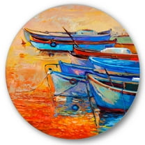 Designart 'Boats During Warm Sunset Resting On The Water VIII' Nautical & Coastal Circle Metal Wall Art 36x36 - Disc of 36