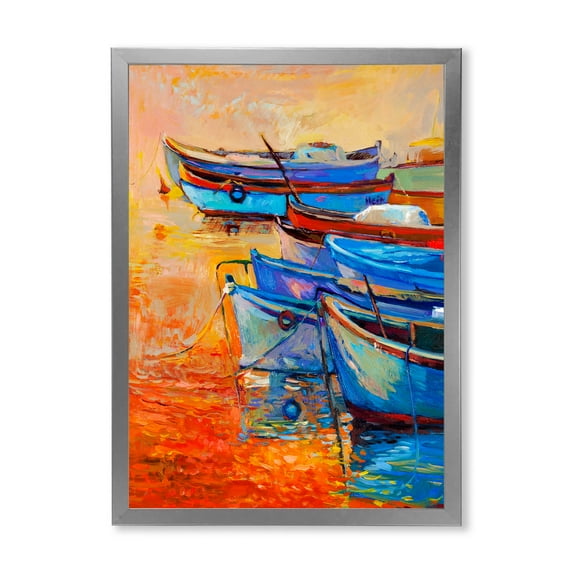 Designart 'Boats During Warm Sunset Resting On The Water VIII' Nautical & Coastal Framed Art Print