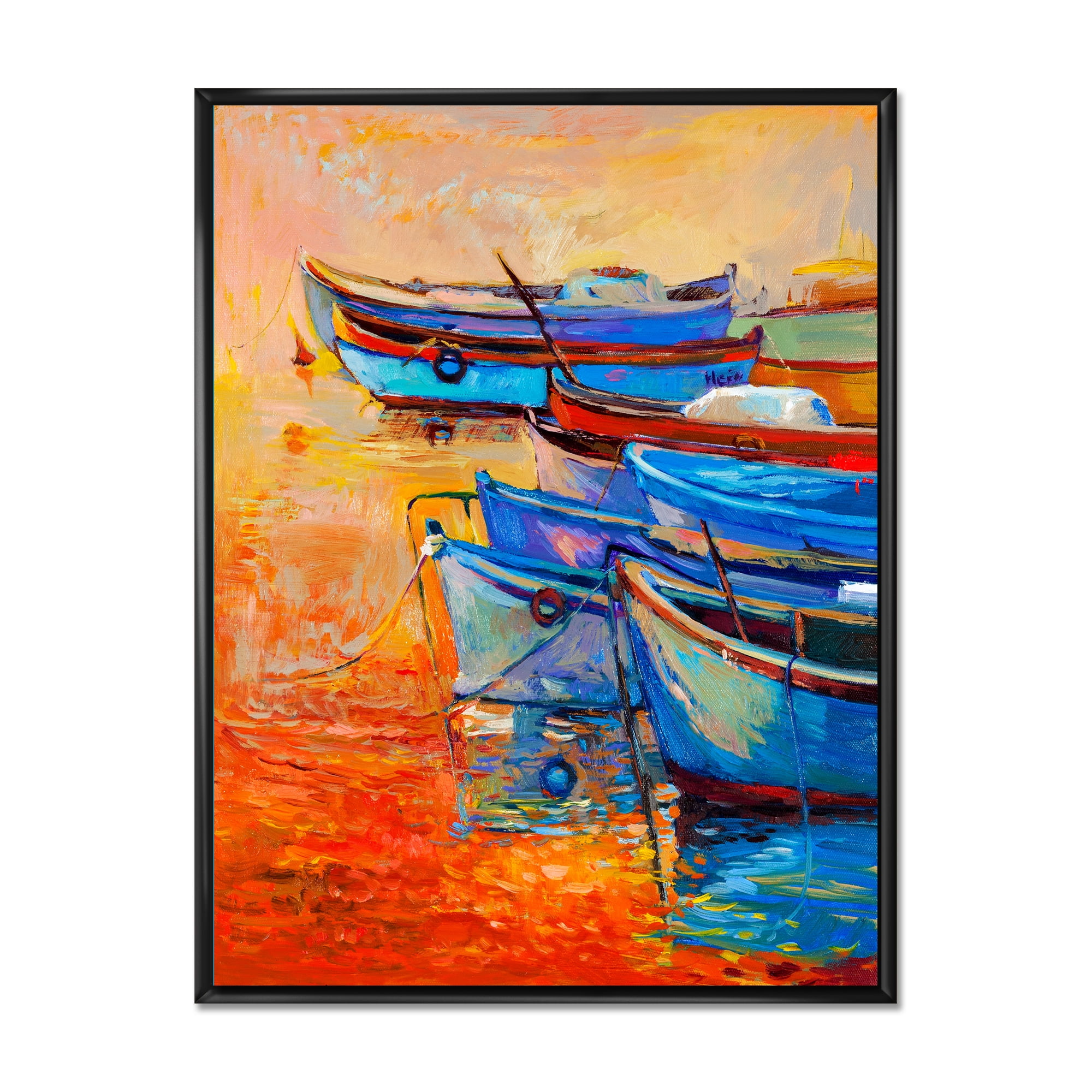 Designart 'Boats During Warm Sunset Resting On The Water VIII' Nautical & Coastal Framed Canvas Wall Art Print