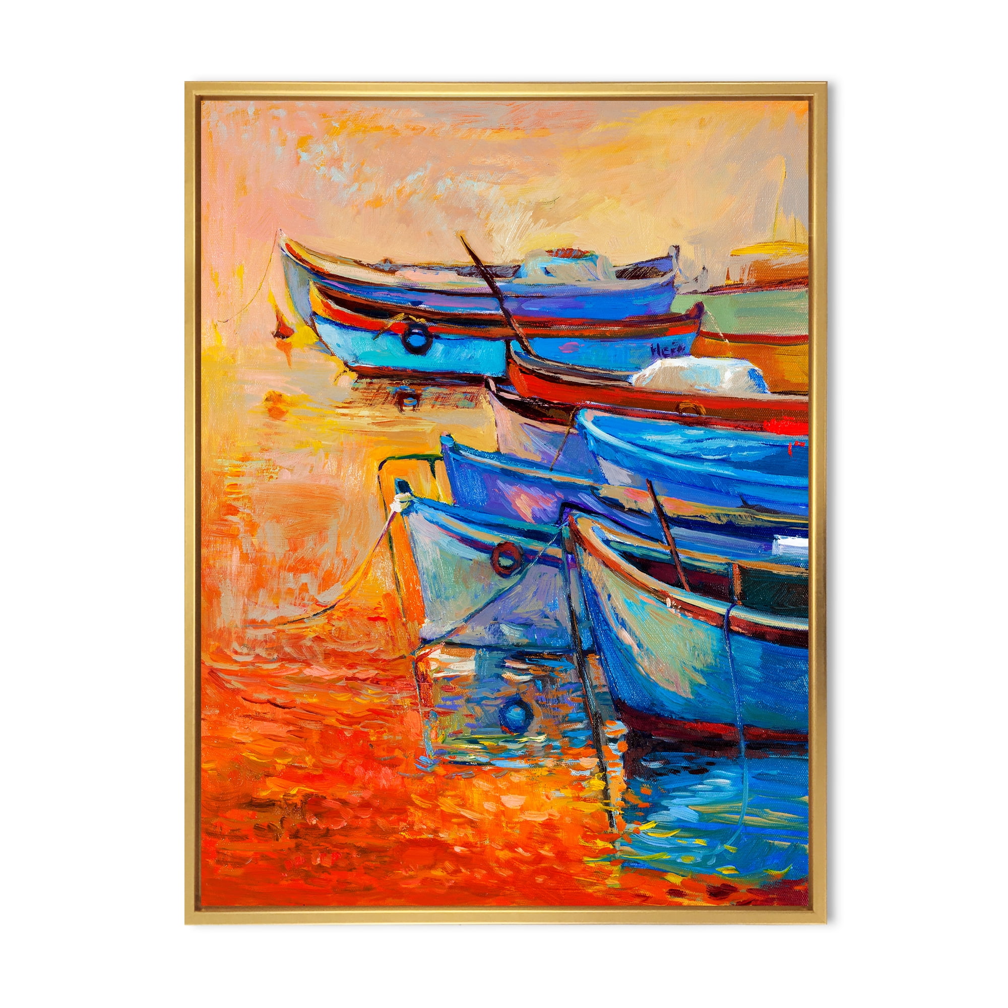 Designart 'Boats During Warm Sunset Resting On The Water VIII' Nautical & Coastal Framed Canvas Wall Art Print