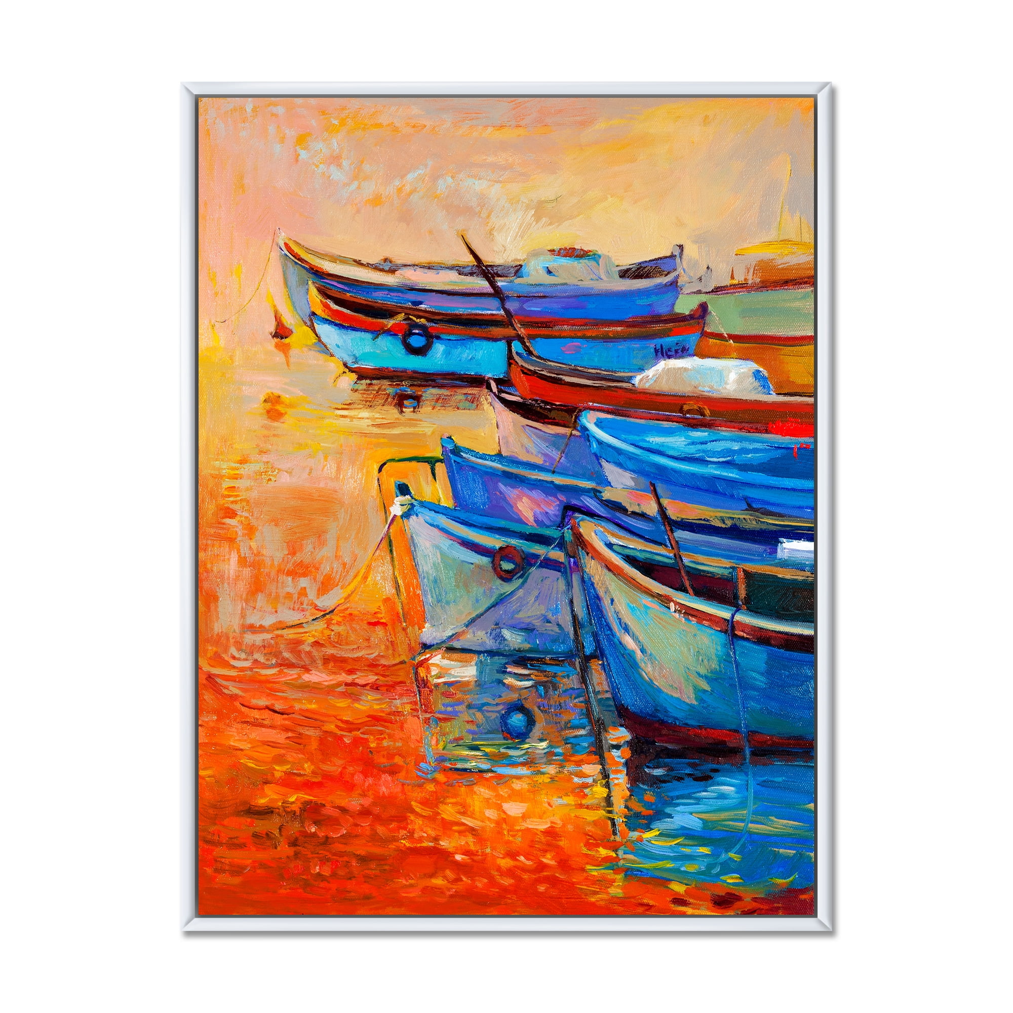 Designart 'Boats During Warm Sunset Resting On The Water VIII' Nautical & Coastal Framed Canvas Wall Art Print