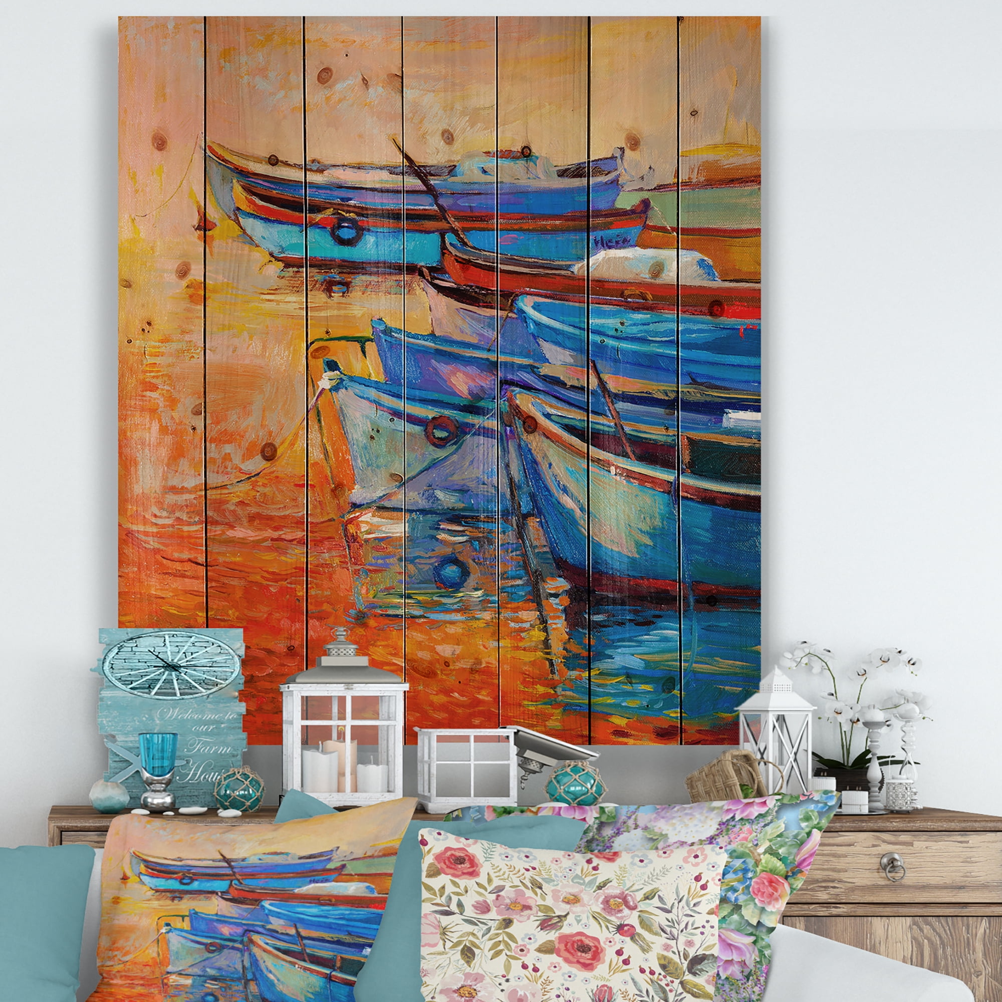 Designart 'Boats During Warm Sunset Resting On The Water VIII' Nautical & Coastal Print on Natural Pine Wood