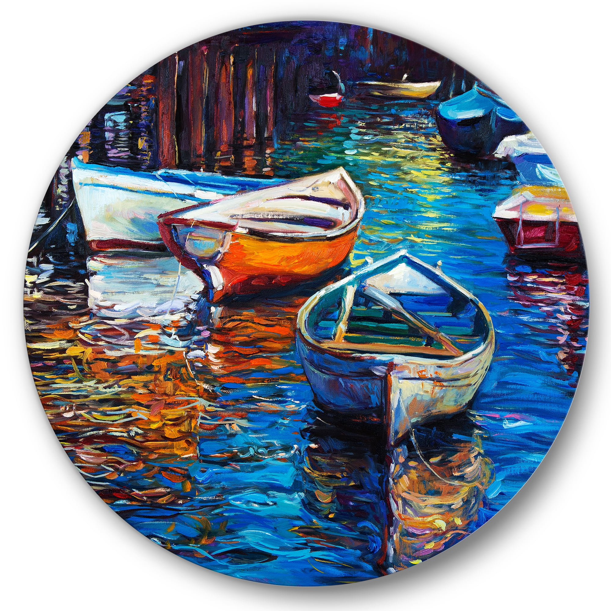 Designart 'Boats During Warm Sunset Resting On The Water X' Nautical & Coastal Circle Metal Wall Art 11x11 - Disc of 11