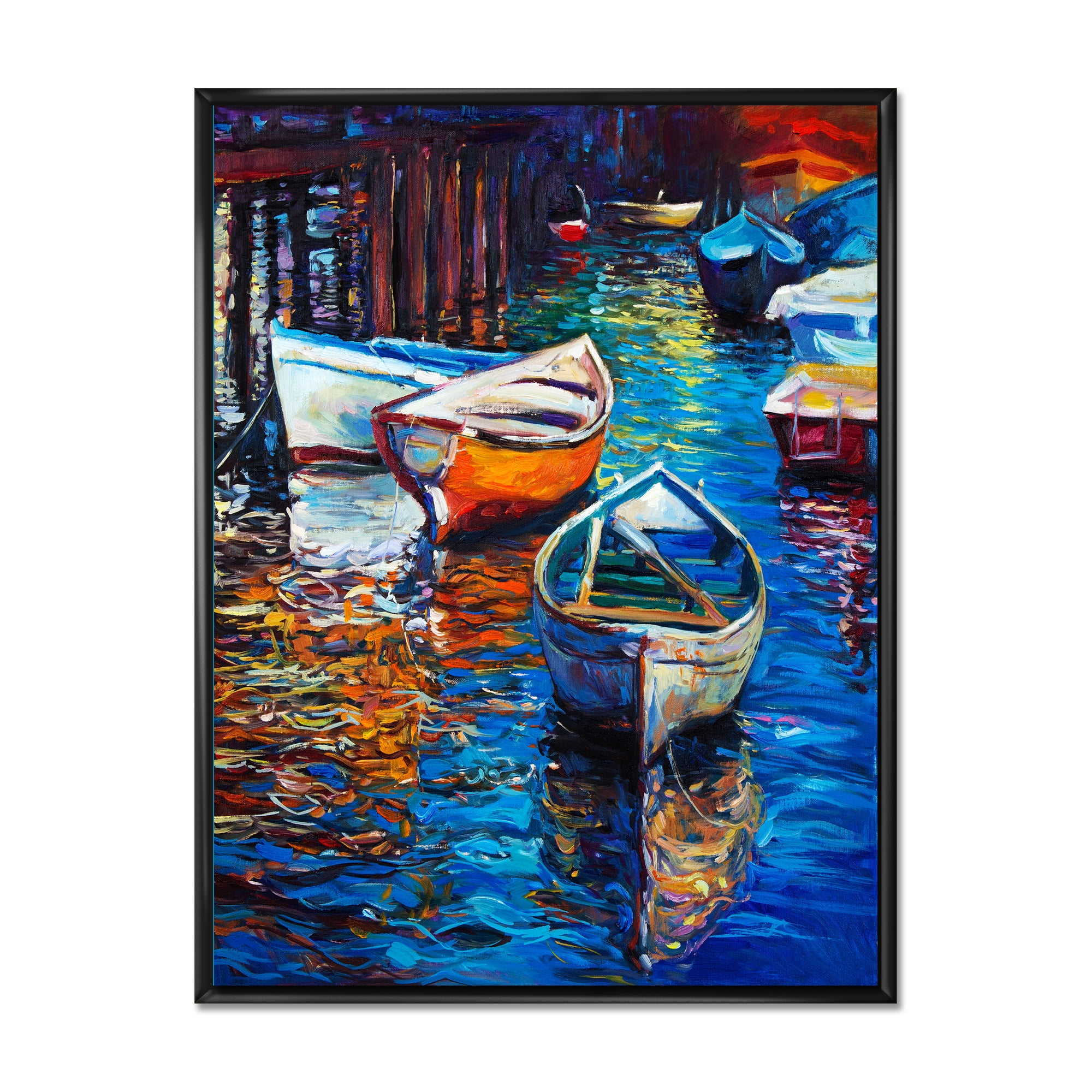 Designart 'Boats During Warm Sunset Resting On The Water X' Nautical & Coastal Framed Canvas Wall Art Print