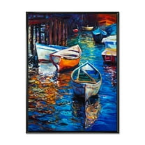 Designart 'Boats During Warm Sunset Resting On The Water X' Nautical & Coastal Framed Canvas Wall Art Print