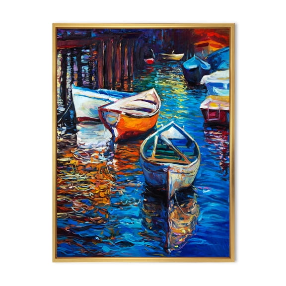 Designart 'Boats During Warm Sunset Resting On The Water X' Nautical & Coastal Framed Canvas Wall Art Print