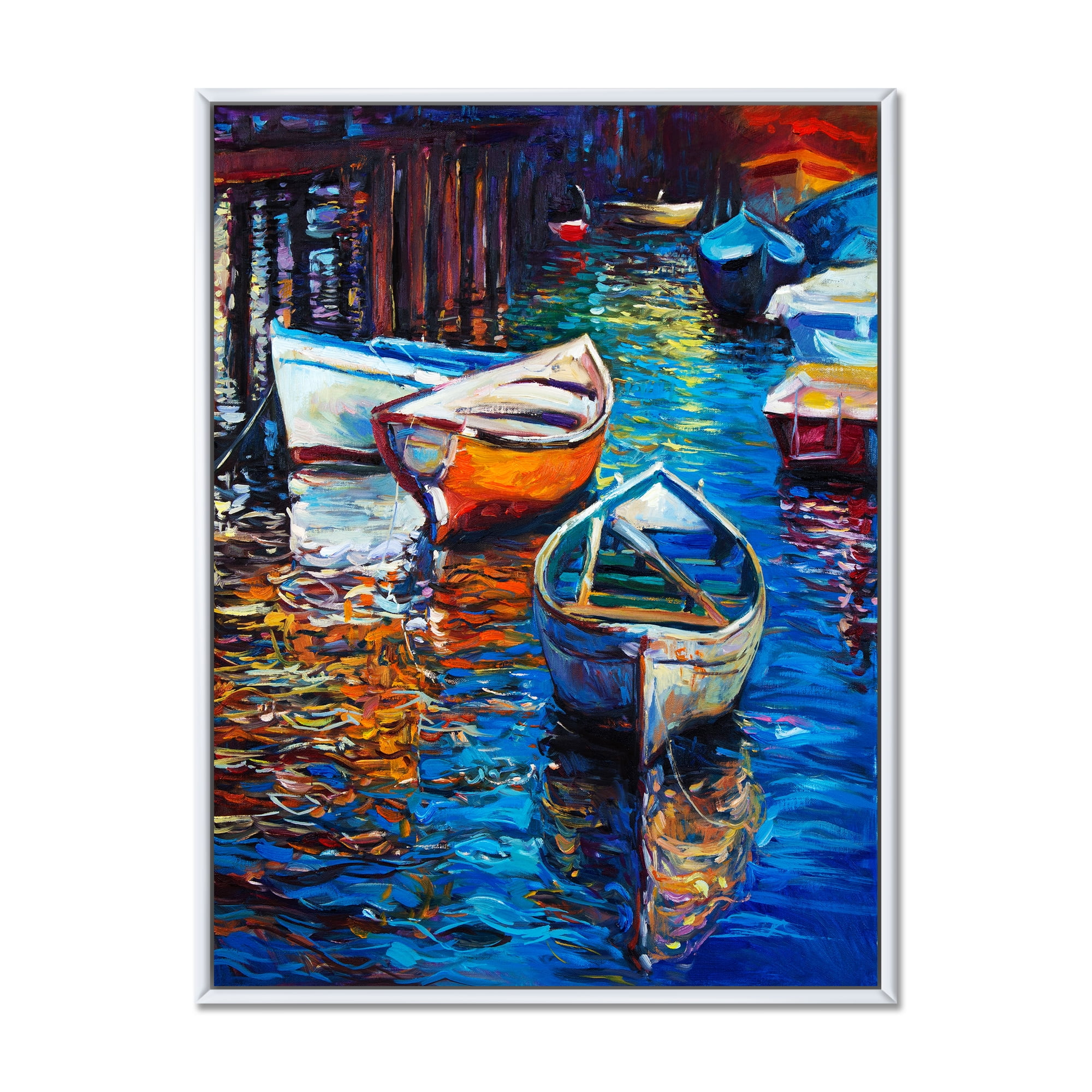 Designart 'Boats During Warm Sunset Resting On The Water X' Nautical & Coastal Framed Canvas Wall Art Print