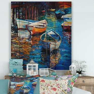 Designart 'Boats During Warm Sunset Resting On The Water X' Nautical & Coastal Print on Natural Pine Wood