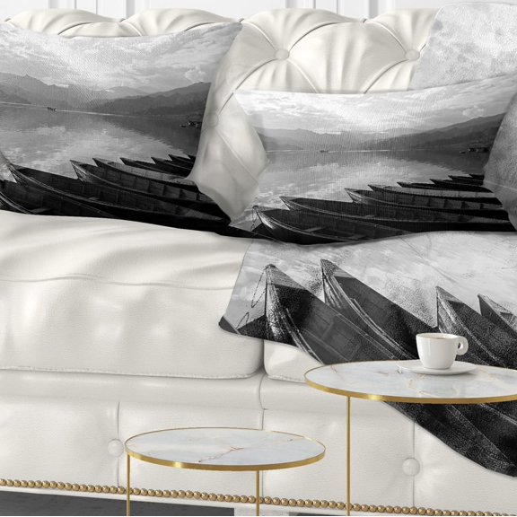 Designart Boats Lined up on Pokhara Lake - Boat Throw Pillow - 12x20