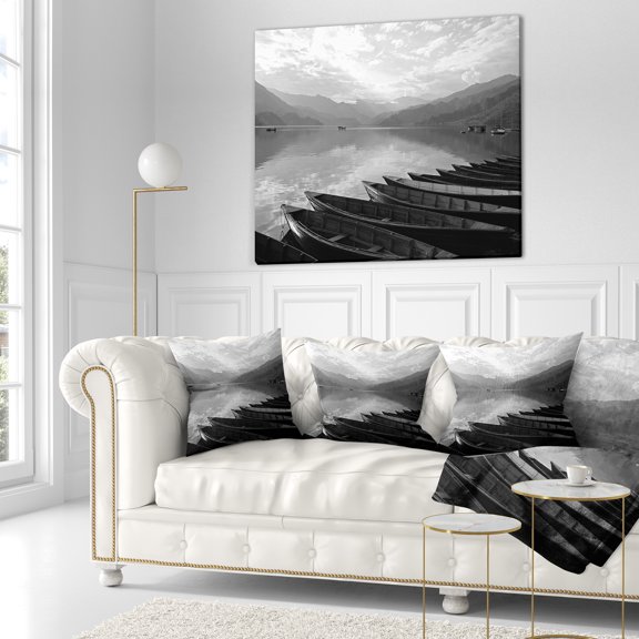Designart Boats Lined up on Pokhara Lake - Boat Throw Pillow - 16x16
