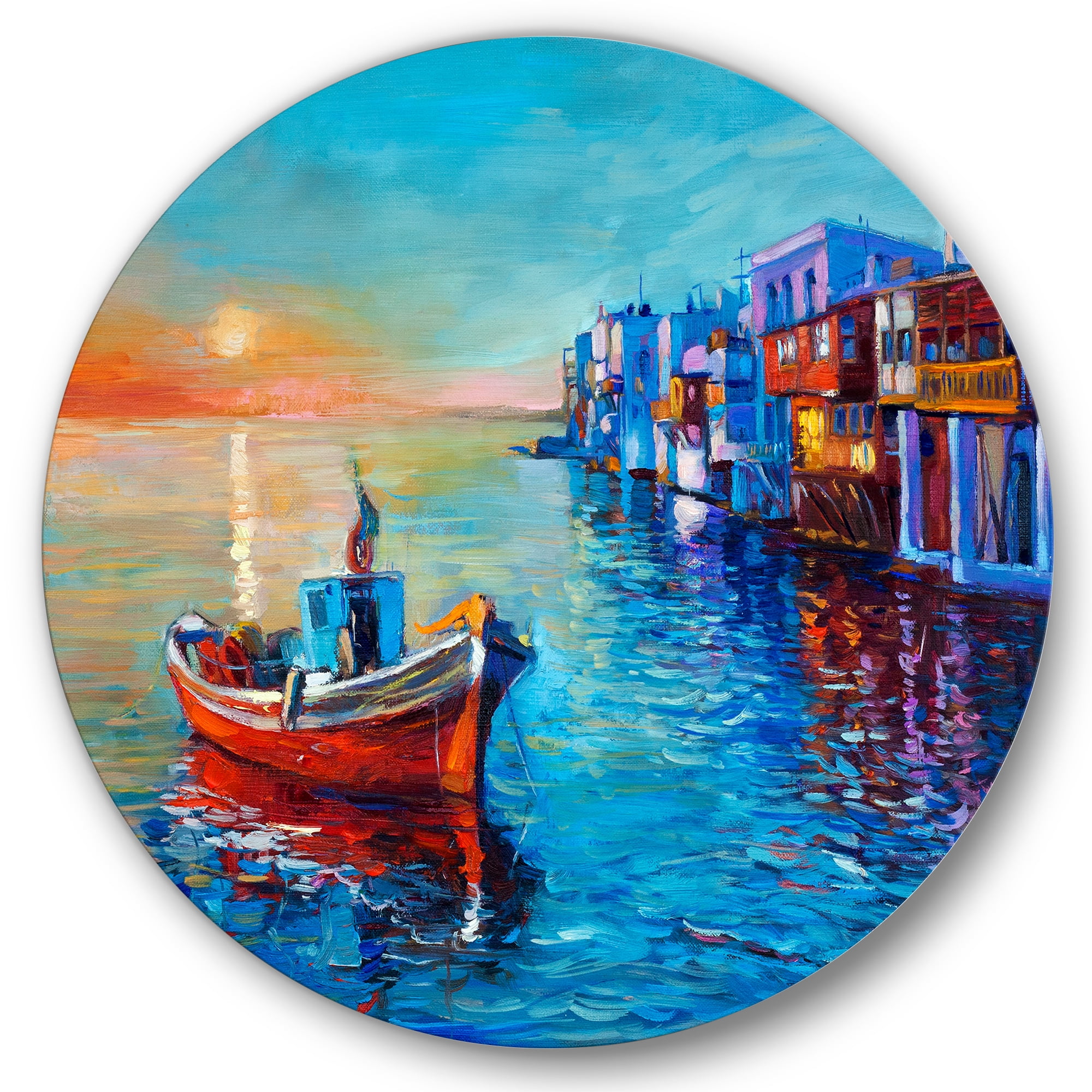 Designart 'Boats Near Coastal Town Resting On The Water I' Nautical & Coastal Circle Metal Wall Art 29x29 - Disc of 29