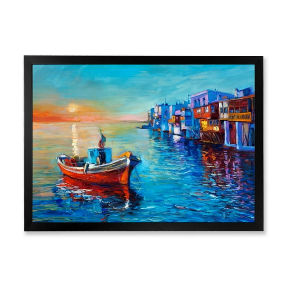Designart 'Boats Near Coastal Town Resting On The Water I' Nautical & Coastal Framed Art Print