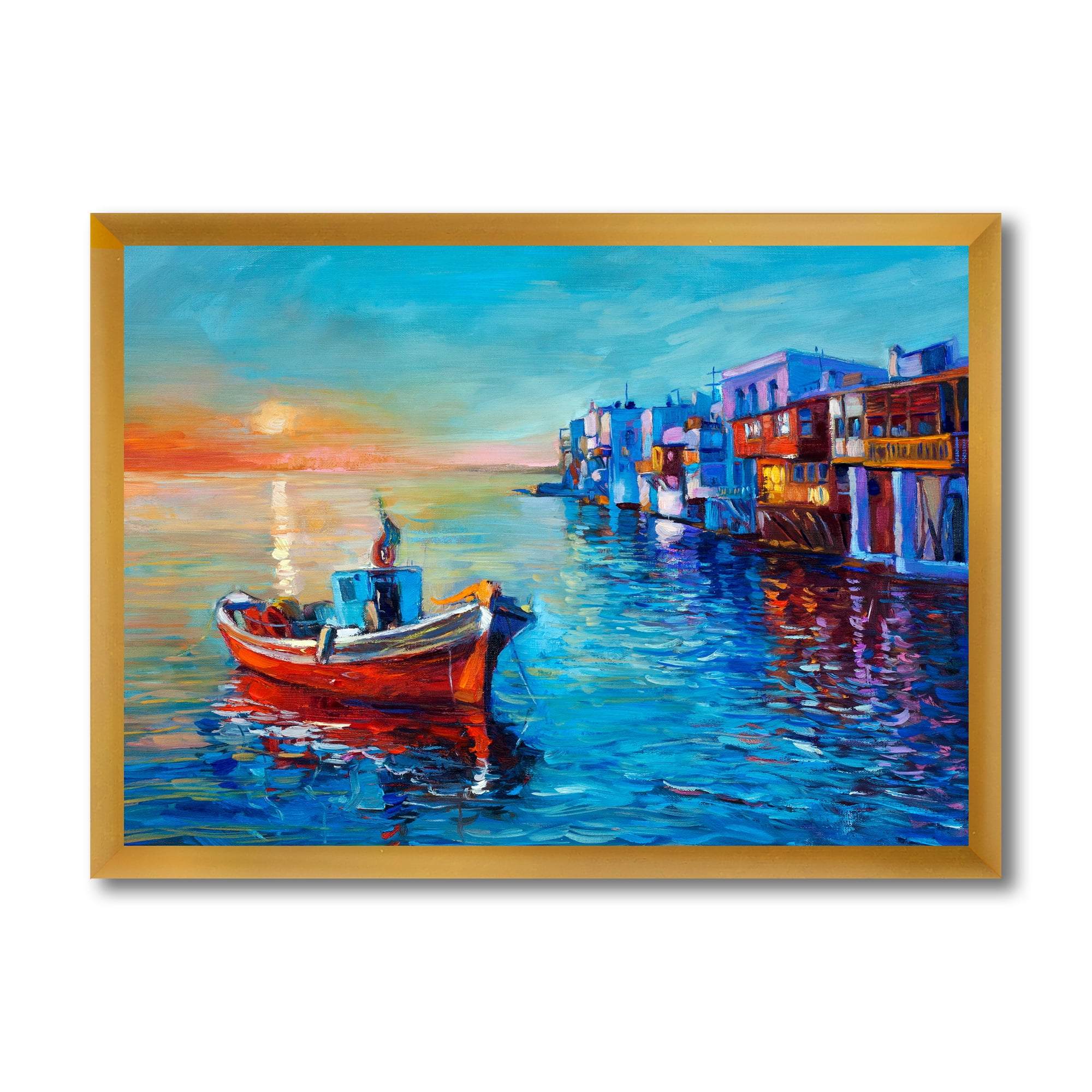 Designart 'Boats Near Coastal Town Resting On The Water I' Nautical & Coastal Framed Art Print
