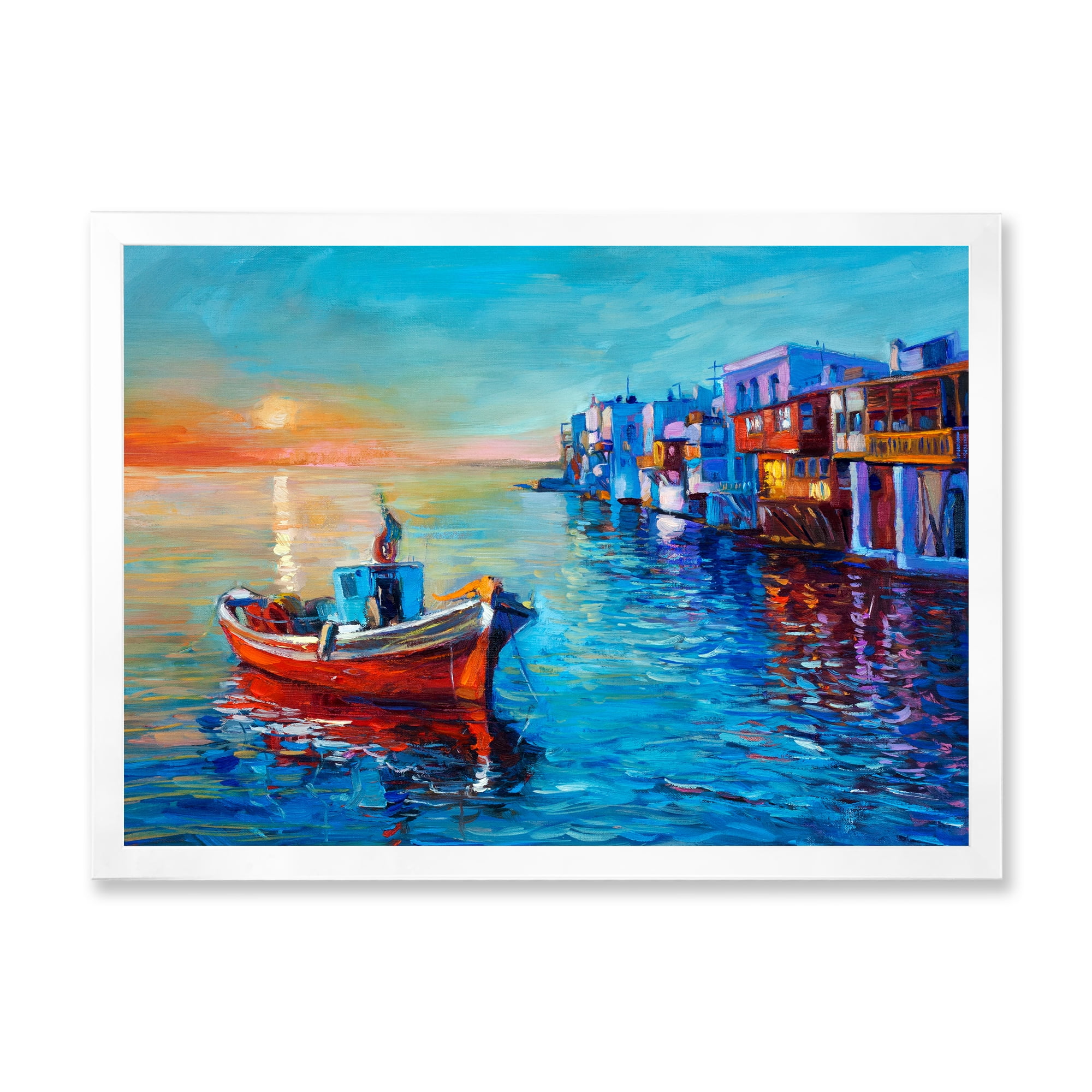 Designart 'Boats Near Coastal Town Resting On The Water I' Nautical & Coastal Framed Art Print