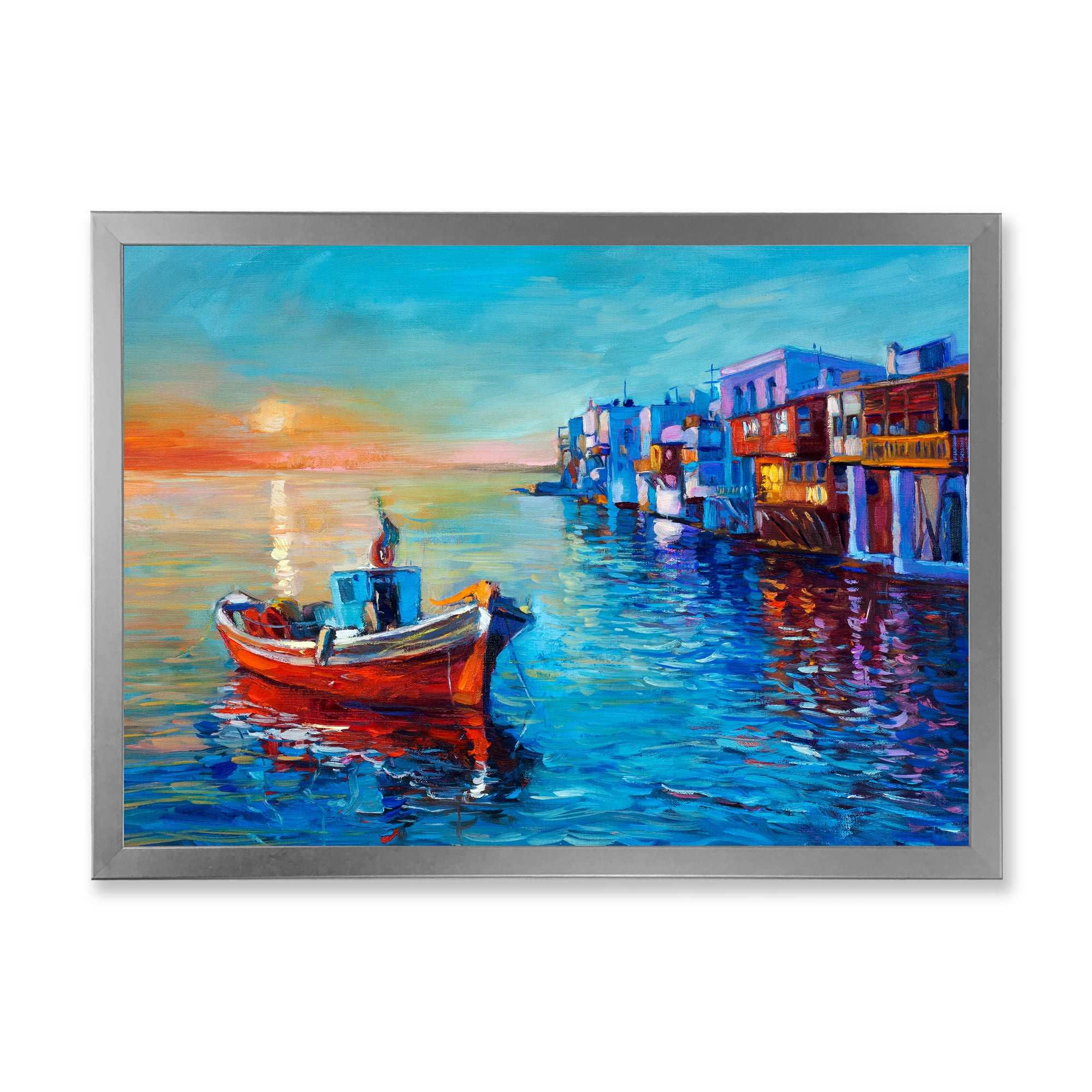 Designart 'Boats Near Coastal Town Resting On The Water I' Nautical & Coastal Framed Art Print