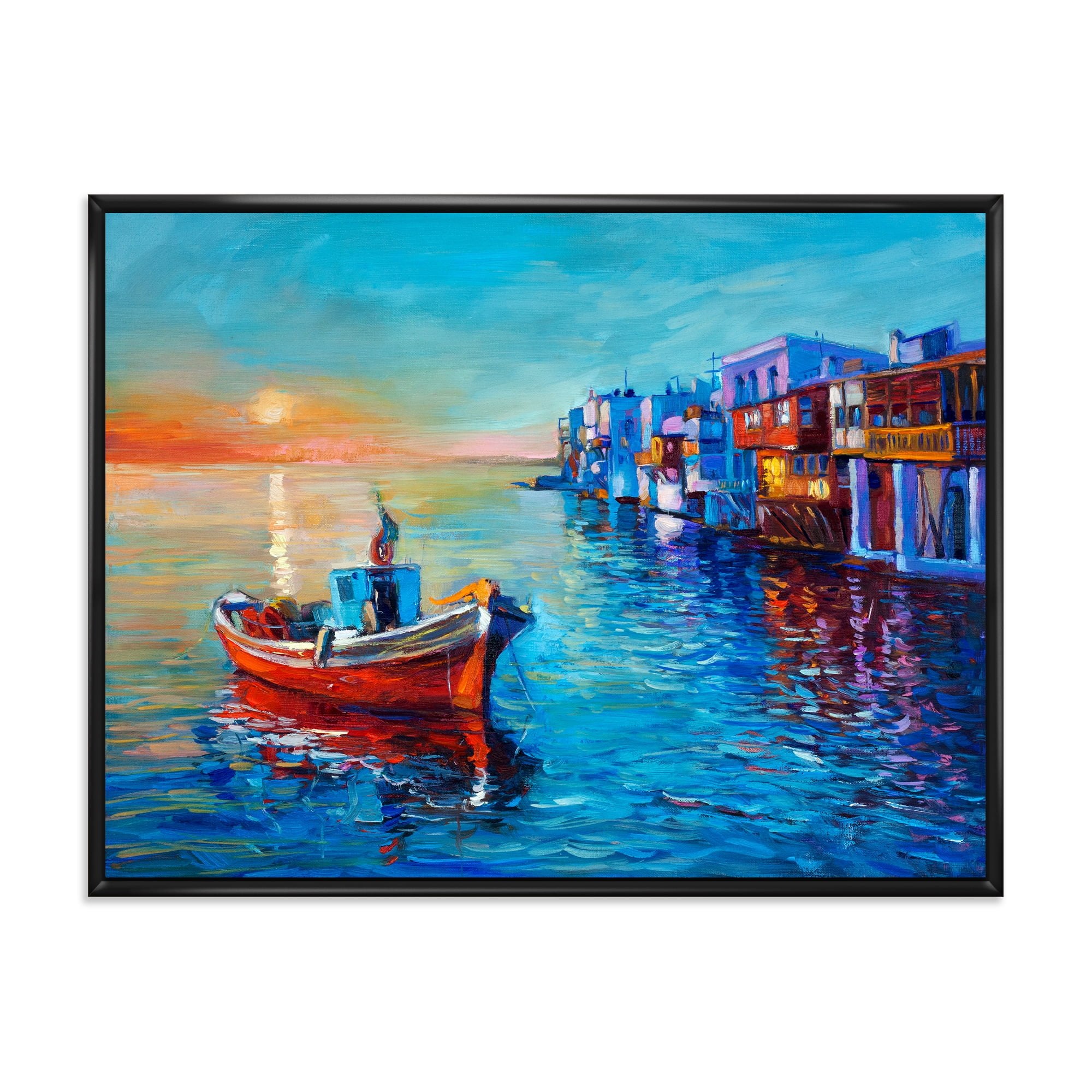 Designart 'Boats Near Coastal Town Resting On The Water I' Nautical & Coastal Framed Canvas Wall Art Print