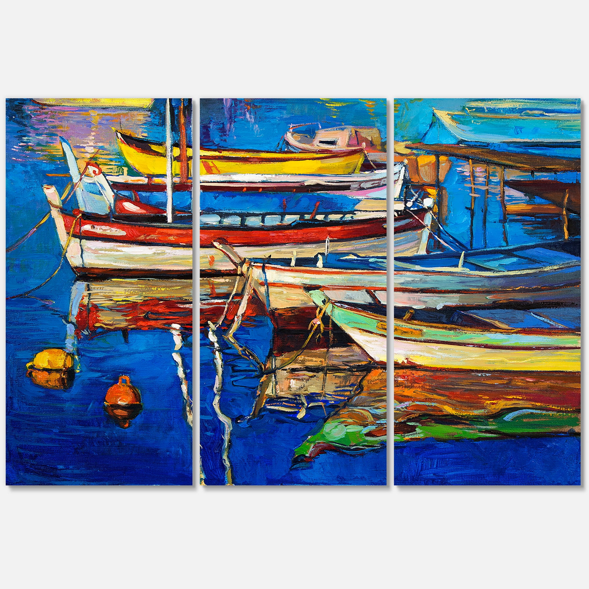 Designart ' Boats Near Coastal Town Resting On The Water II ' Nautical & Coastal Canvas Wall Art Print