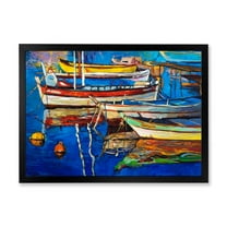 Designart 'Boats Near Coastal Town Resting On The Water II' Nautical & Coastal Framed Art Print