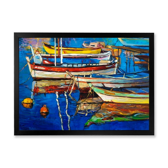 Designart 'Boats Near Coastal Town Resting On The Water II' Nautical & Coastal Framed Art Print