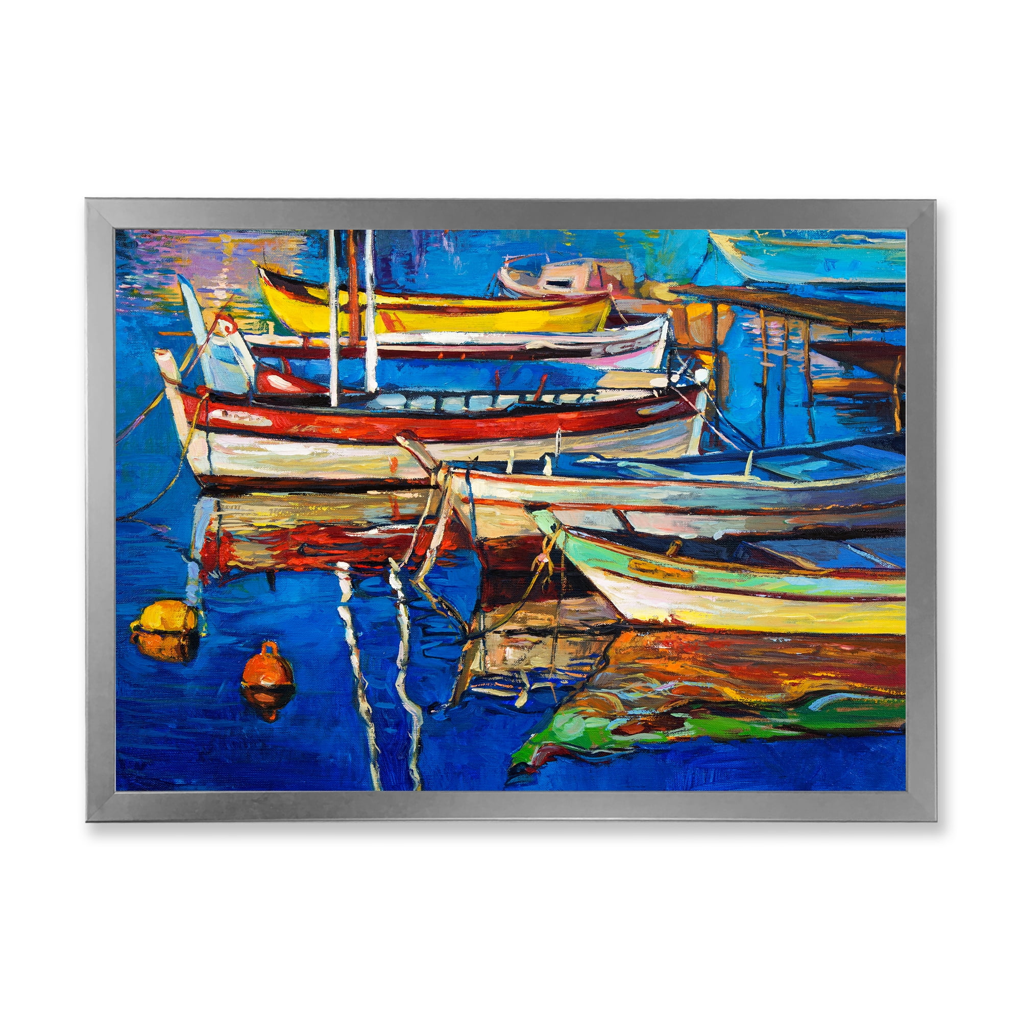 Designart 'Boats Near Coastal Town Resting On The Water II' Nautical & Coastal Framed Art Print