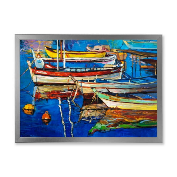 Designart 'Boats Near Coastal Town Resting On The Water II' Nautical & Coastal Framed Art Print