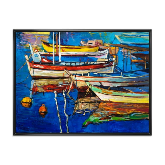 Designart 'Boats Near Coastal Town Resting On The Water II' Nautical & Coastal Framed Canvas Wall Art Print