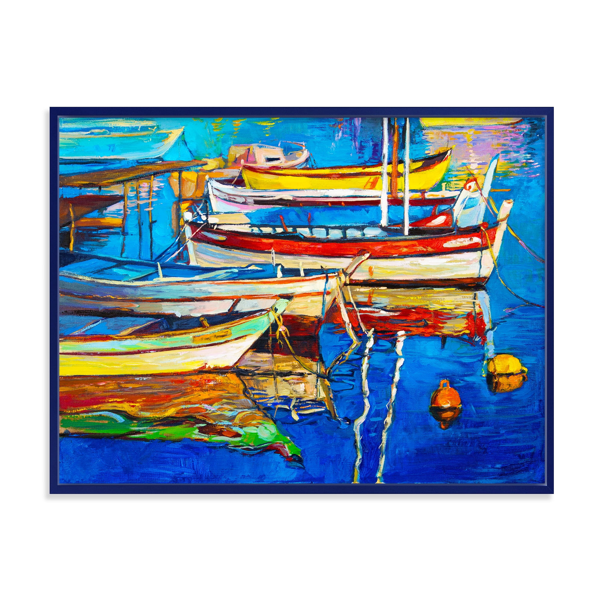 Designart 'Boats Near Coastal Town Resting On The Water II' Nautical & Coastal Framed Canvas Wall Art Print