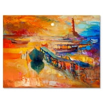 Designart ' Boats Near Coastal Town Resting On The Water III ' Nautical & Coastal Canvas Wall Art Print