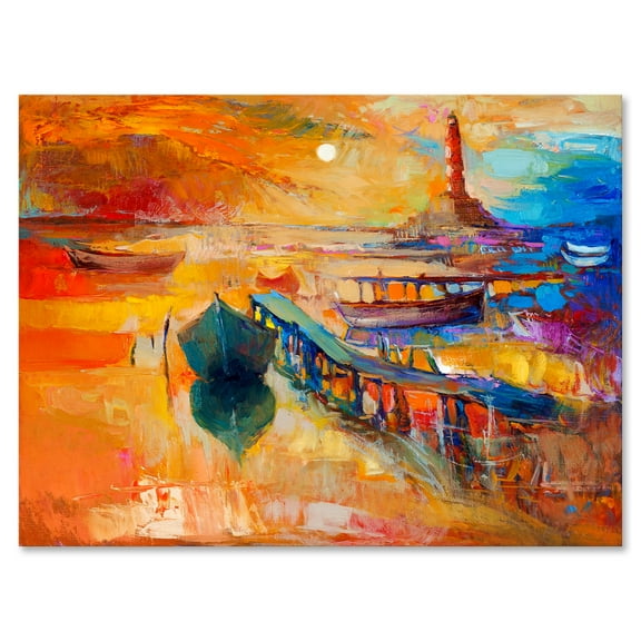 Designart ' Boats Near Coastal Town Resting On The Water III ' Nautical & Coastal Canvas Wall Art Print