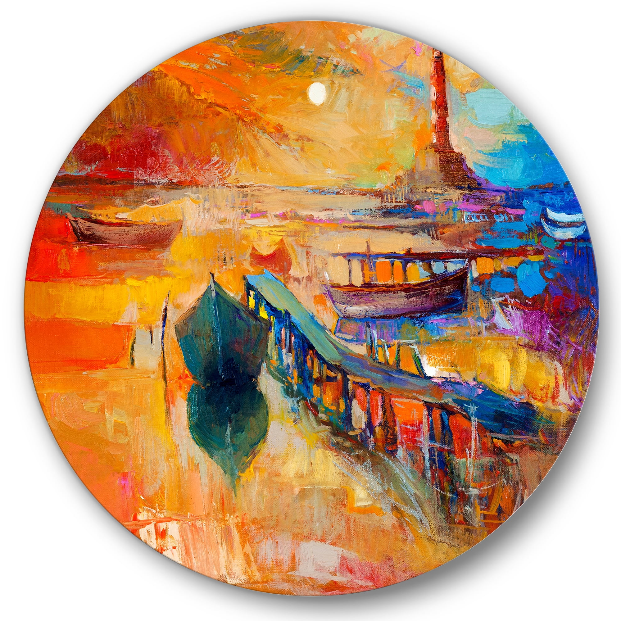 Designart 'Boats Near Coastal Town Resting On The Water III' Nautical & Coastal Circle Metal Wall Art 11x11 - Disc of 11