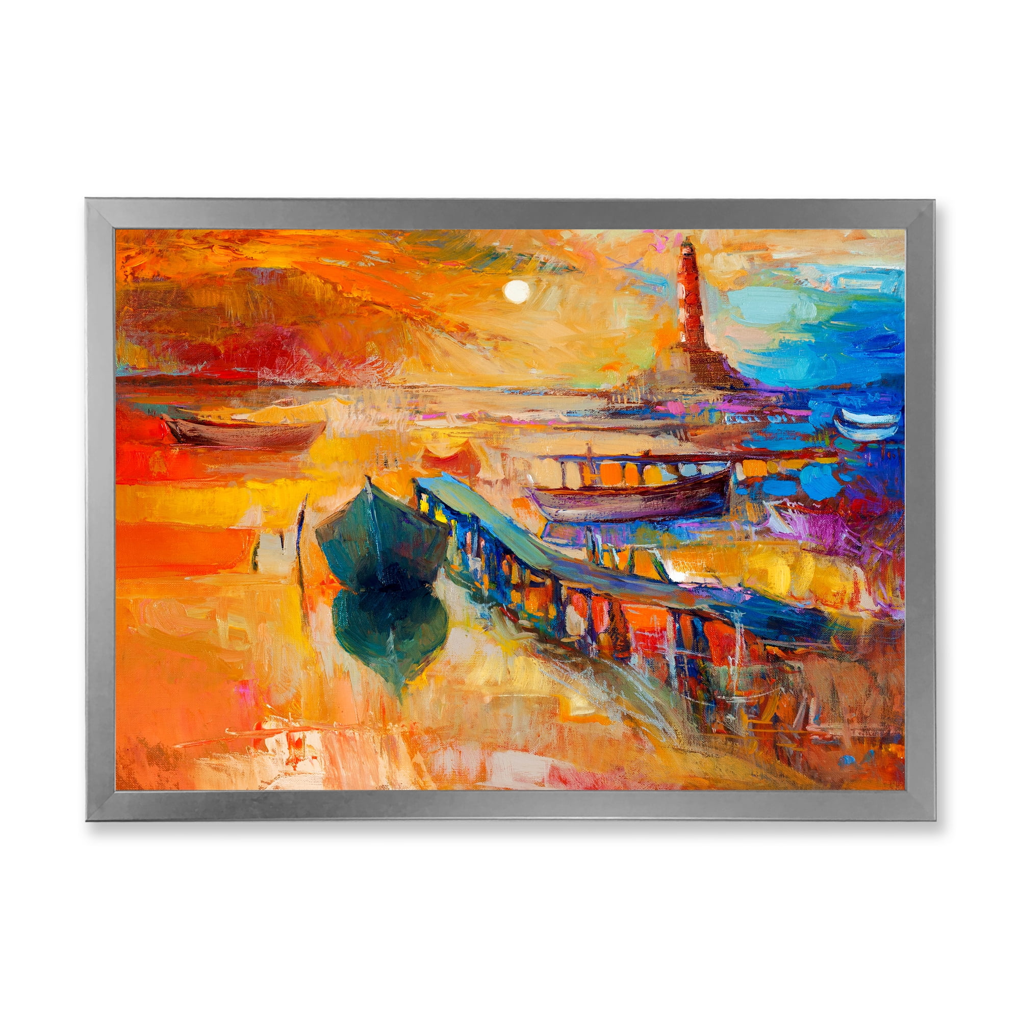 Designart 'Boats Near Coastal Town Resting On The Water III' Nautical & Coastal Framed Art Print