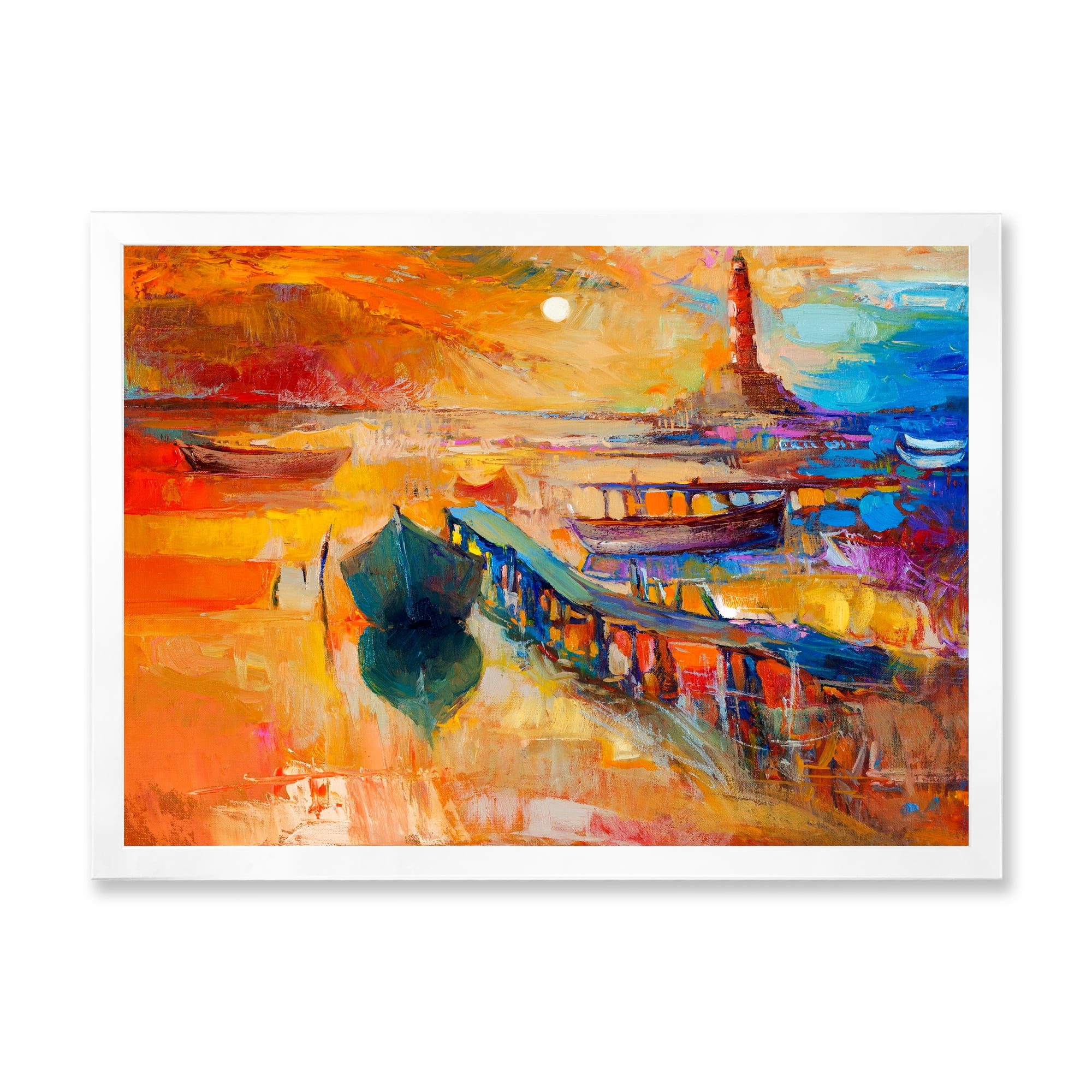Designart 'Boats Near Coastal Town Resting On The Water III' Nautical & Coastal Framed Art Print