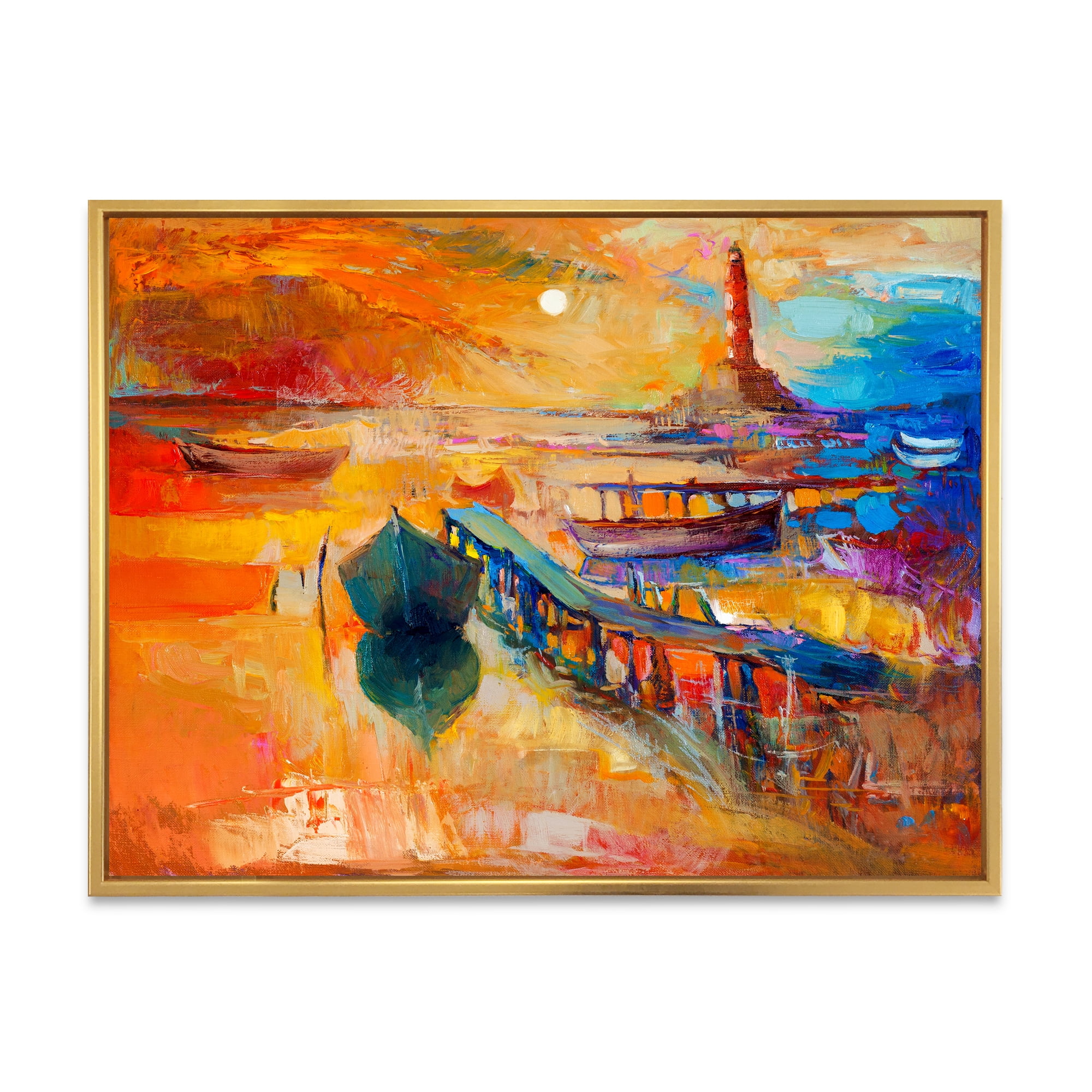 Designart 'Boats Near Coastal Town Resting On The Water III' Nautical & Coastal Framed Canvas Wall Art Print