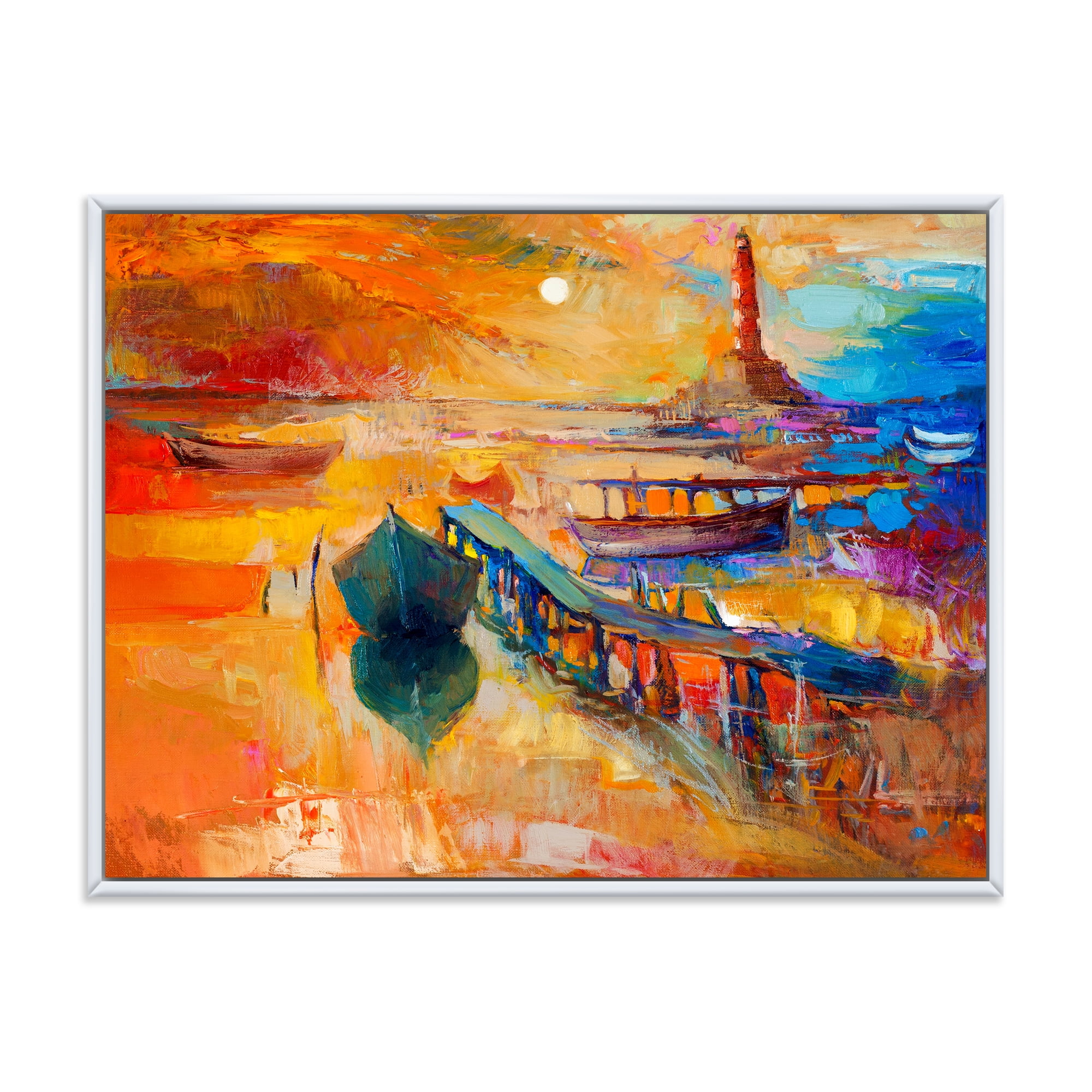 Designart 'Boats Near Coastal Town Resting On The Water III' Nautical & Coastal Framed Canvas Wall Art Print