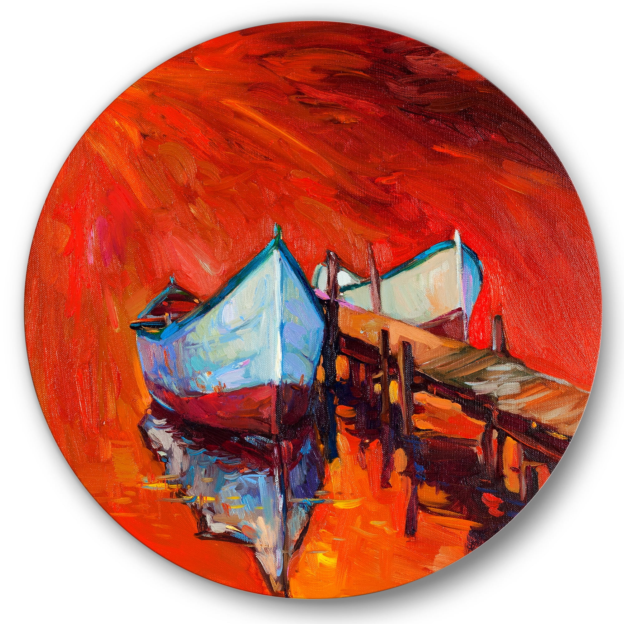 Designart 'Boats Near Coastal Town Resting On The Water IV' Nautical & Coastal Circle Metal Wall Art 11x11 - Disc of 11