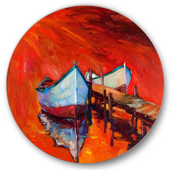 Designart 'Boats Near Coastal Town Resting On The Water IV' Nautical & Coastal Circle Metal Wall Art 11x11 - Disc of 11