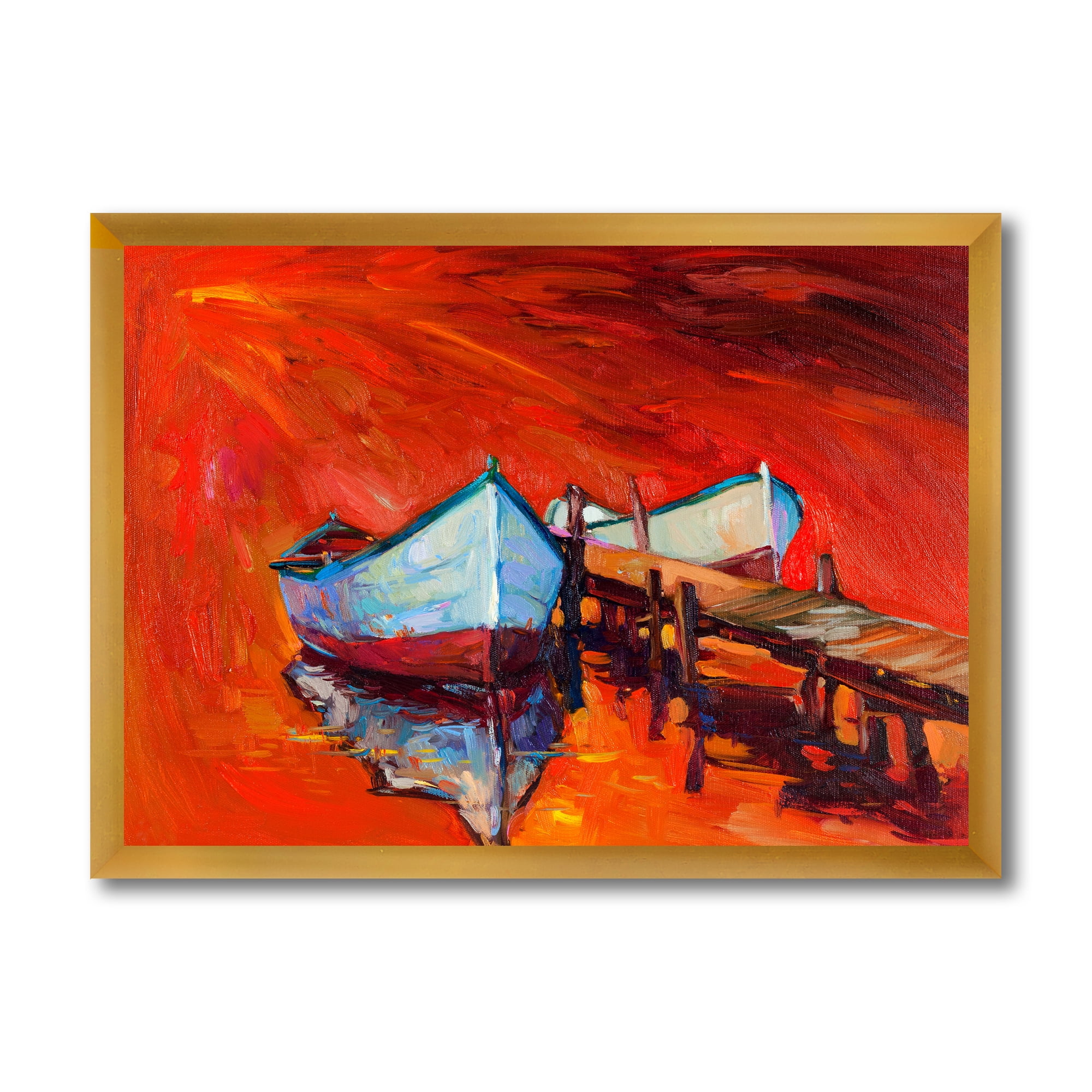 Designart 'Boats Near Coastal Town Resting On The Water IV' Nautical & Coastal Framed Art Print